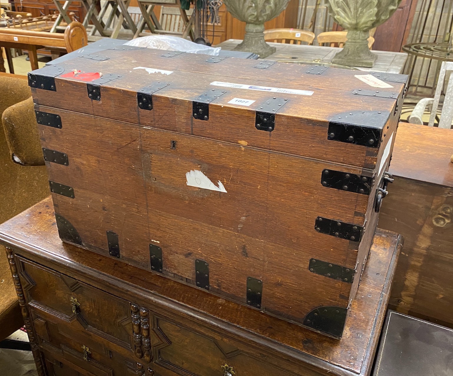 A late Victorian iron bound oak silver chest, width 72cm, depth, 34cm, height 44cm